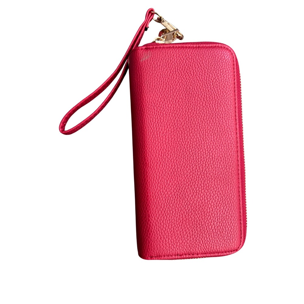 Red Pebbled Faux Leather Double Zip Wristlet Wallet Gold Tone Hardware Clutch‎